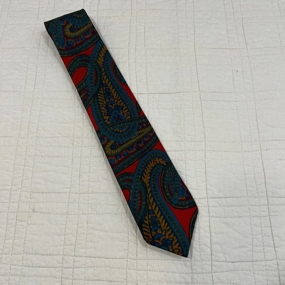 Paul Stuart Red Blue Gold Paisley Tie Made in England Mens Classic Wide 3.5